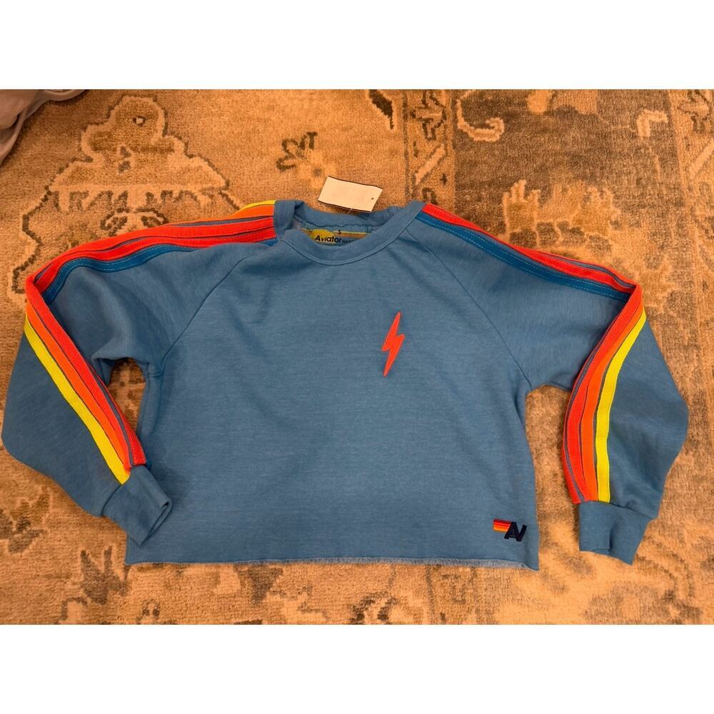 Aviator Nation Blue Crewneck Rainbow Stripe Cropped Sweatshirt Sz S NWT $220 - Picture 13 of 16